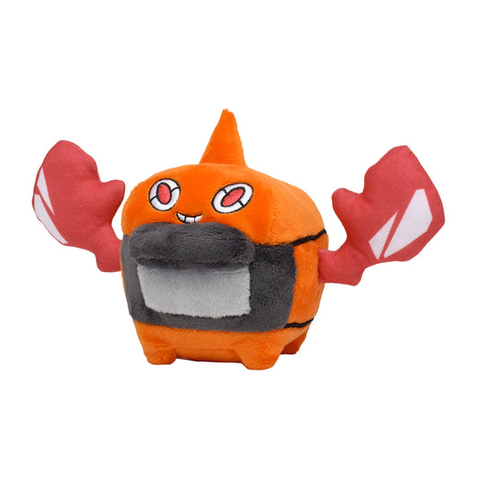 Small plush of Heat Rotom with bright orange body, red flat arms shaped like prongs, and a gray oven-like front, featuring a mischievous smile.