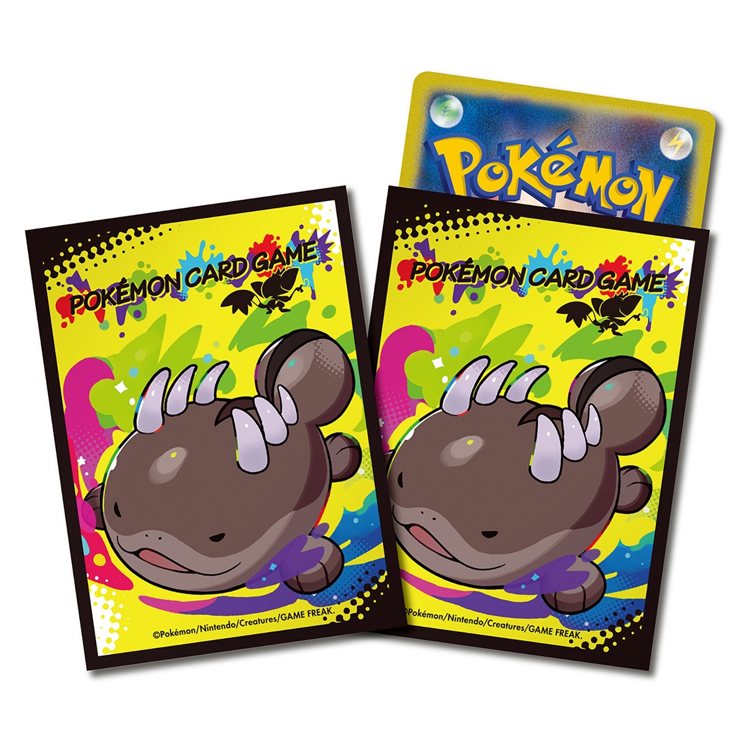 Two Pokémon card sleeves featuring Clodsire on a bright, graffiti-style yellow background with paint splatters and the Toxic Hazard logo.