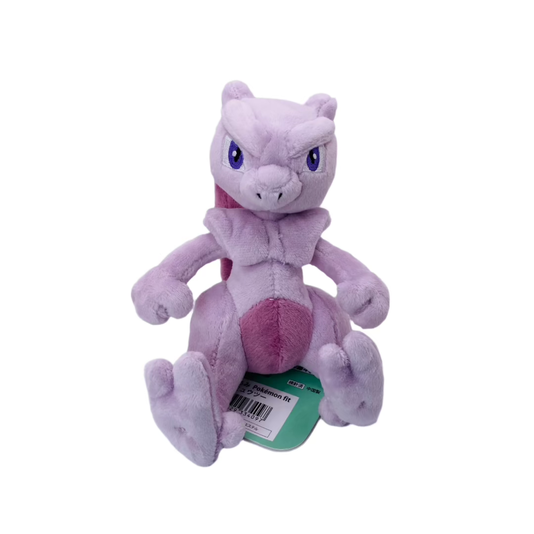 A plush toy of Mewtwo from Pokémon, showing the Psychic-type character sitting upright with a long purple tail, light gray body, and focused expression.