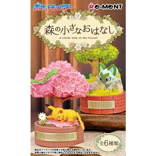 Packaging for the Pokémon Re-Ment series “A Little Tale of the Forest,” featuring display figures of Pikachu with Hanecco under a pink cherry blossom tree and Nyahoja beside a yellow-green tree. The box has floral-themed Japanese and English text, with a set of six figures indicated at the bottom.