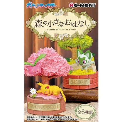 Packaging for the Pokémon Re-Ment series “A Little Tale of the Forest,” featuring display figures of Pikachu with Hanecco under a pink cherry blossom tree and Nyahoja beside a yellow-green tree. The box has floral-themed Japanese and English text, with a set of six figures indicated at the bottom.