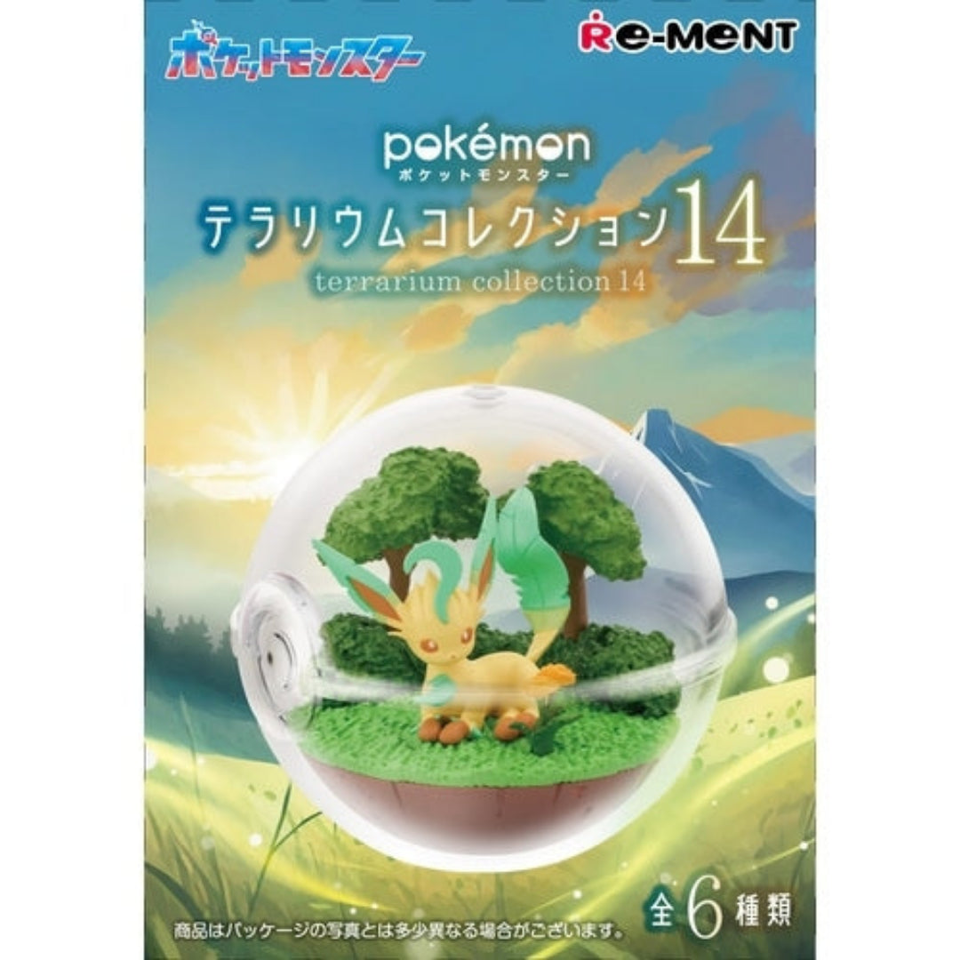 Packaging for Pokémon Terrarium Collection 14 by Re-Ment, featuring a figure of Leafeon inside a clear Poké Ball-shaped case set against a forest background. The box has a scenic mountain sunrise illustration and text in both Japanese and English.