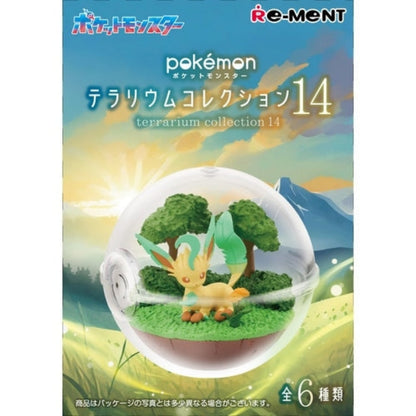 Packaging for Pokémon Terrarium Collection 14 by Re-Ment, featuring a figure of Leafeon inside a clear Poké Ball-shaped case set against a forest background. The box has a scenic mountain sunrise illustration and text in both Japanese and English.